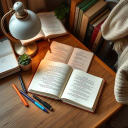 An aesthetic depiction of a writer's workspace, showcasing a beautifully arranged wooden desk adorned with a stack of open notebooks filled with poetic verses and novel drafts