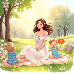 A beautiful illustration of a mother in a serene park setting, enjoying a peaceful afternoon