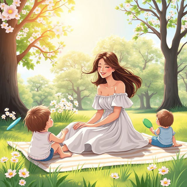 A beautiful illustration of a mother in a serene park setting, enjoying a peaceful afternoon