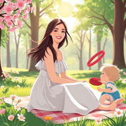 A beautiful illustration of a mother in a serene park setting, enjoying a peaceful afternoon