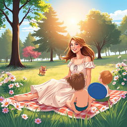 A beautiful illustration of a mother in a serene park setting, enjoying a peaceful afternoon
