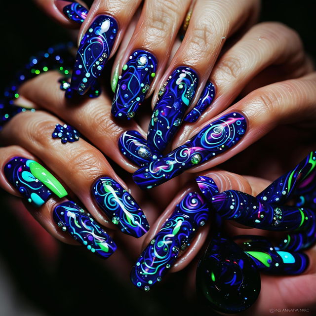 Photograph of sophisticated hands showcasing iridescent nail art with psychedelic patterns and rhinestones on a dark backdrop.