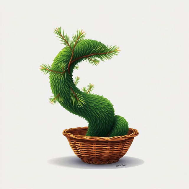 An illustration of a pine tree shaped like a whimsical worm, curled in circles and placed inside a decorative basket