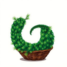 An illustration of a pine tree shaped like a whimsical worm, curled in circles and placed inside a decorative basket