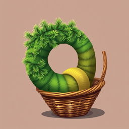 An illustration of a pine tree shaped like a whimsical worm, curled in circles and placed inside a decorative basket