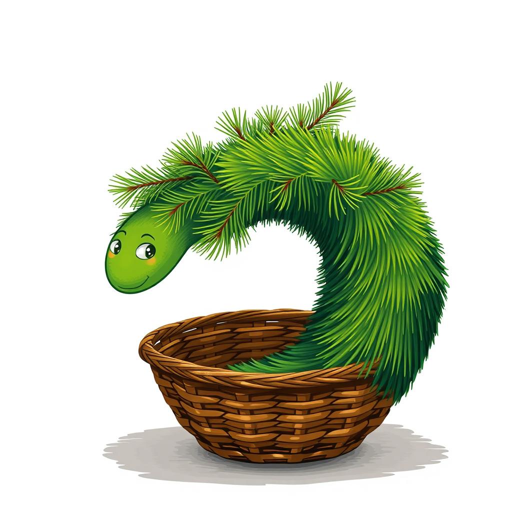 An illustration of a pine tree shaped like a whimsical worm, curled in circles and placed inside a decorative basket