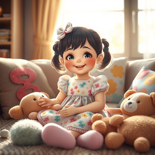 A charming depiction of a young girl, lovingly referred to as 'little mama,' dressed in a cute floral dress with a playful design