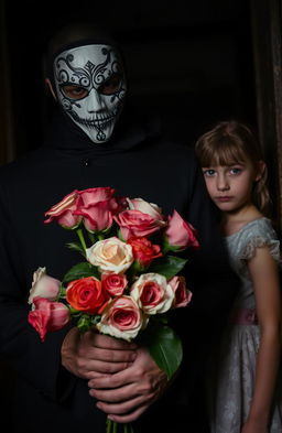 A dramatic scene featuring a masked man standing ominously in a dimly lit environment, with a young girl beside him, holding a bouquet of vibrant roses