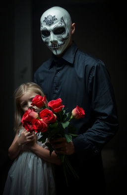 A dramatic scene featuring a masked man standing ominously in a dimly lit environment, with a young girl beside him, holding a bouquet of vibrant roses