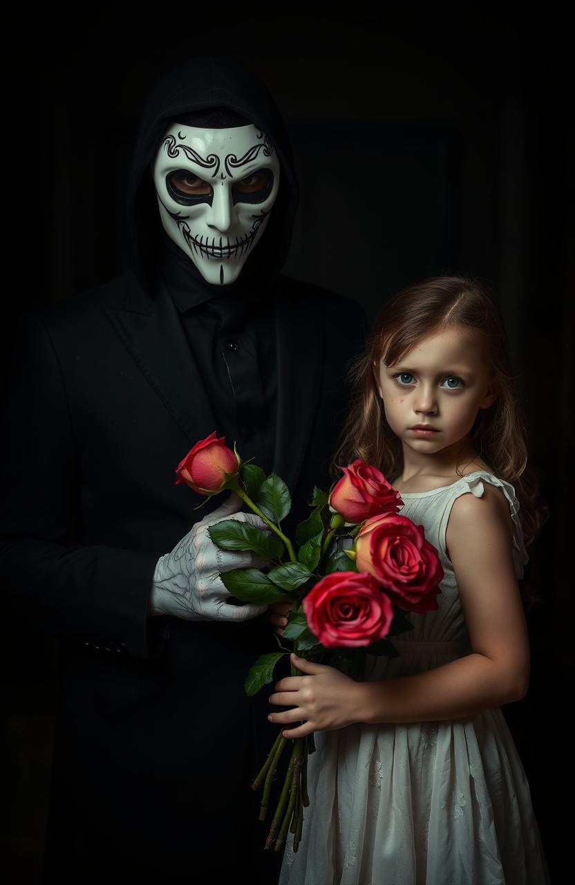 A dramatic scene featuring a masked man standing ominously in a dimly lit environment, with a young girl beside him, holding a bouquet of vibrant roses