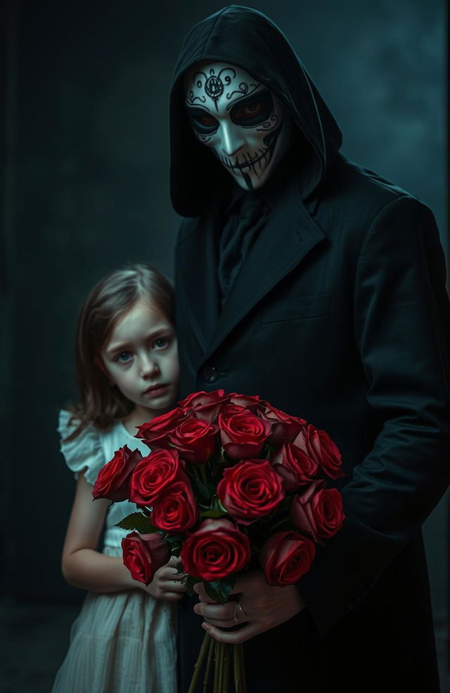 A dramatic scene featuring a masked man standing ominously in a dimly lit environment, with a young girl beside him, holding a bouquet of vibrant roses