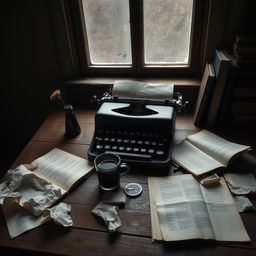 Aesthetic melancholic depiction of a novelist's workspace, featuring a rustic wooden desk with scattered open notebooks and crumpled papers representing a creative struggle