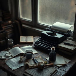 Aesthetic melancholic depiction of a novelist's workspace, featuring a rustic wooden desk with scattered open notebooks and crumpled papers representing a creative struggle