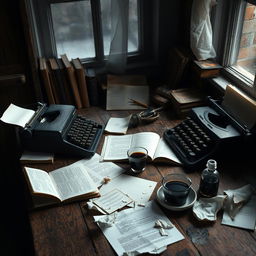Aesthetic melancholic depiction of a novelist's workspace, featuring a rustic wooden desk with scattered open notebooks and crumpled papers representing a creative struggle