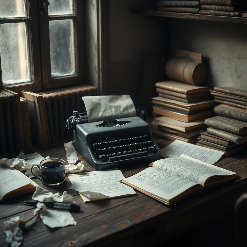 Aesthetic melancholic depiction of a novelist's workspace, featuring a rustic wooden desk with scattered open notebooks and crumpled papers representing a creative struggle