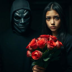 A tense, narrative-driven scene featuring a masked man, who embodies a stalker archetype, standing in a shadowy environment