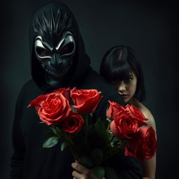 A tense, narrative-driven scene featuring a masked man, who embodies a stalker archetype, standing in a shadowy environment