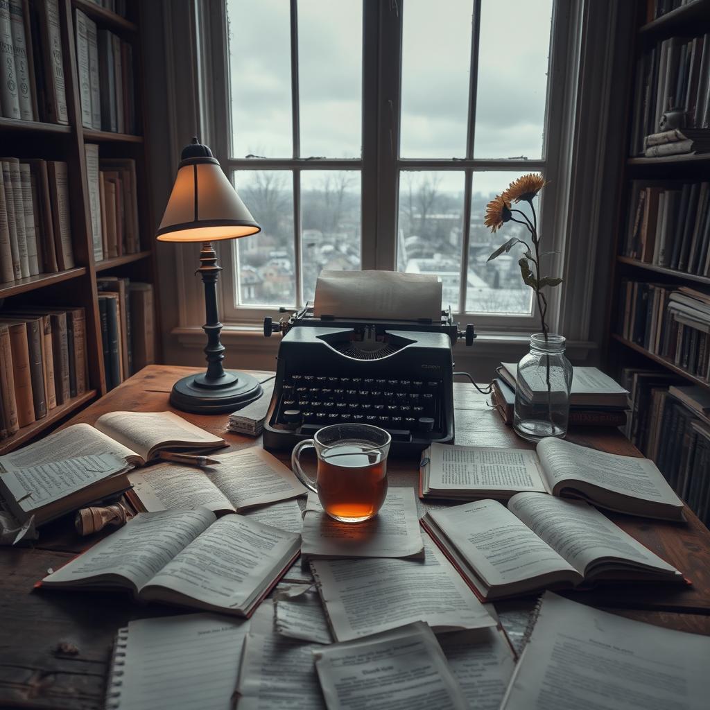 Aesthetic melancholic scene of a novelist's desk, featuring a worn wooden table scattered with open notebooks filled with half-written stories and crumpled pages symbolizing creative struggle