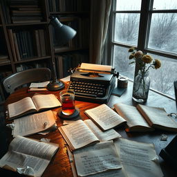 Aesthetic melancholic scene of a novelist's desk, featuring a worn wooden table scattered with open notebooks filled with half-written stories and crumpled pages symbolizing creative struggle