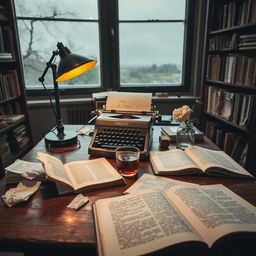 Aesthetic melancholic scene of a novelist's desk, featuring a worn wooden table scattered with open notebooks filled with half-written stories and crumpled pages symbolizing creative struggle