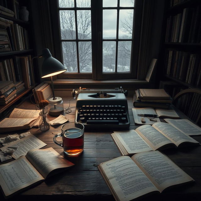 Aesthetic melancholic scene of a novelist's desk, featuring a worn wooden table scattered with open notebooks filled with half-written stories and crumpled pages symbolizing creative struggle