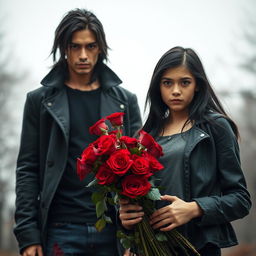 A dramatic scene featuring a hot, tall stalker with an athletic build, dressed in dark clothing that highlights his intimidating yet appealing presence
