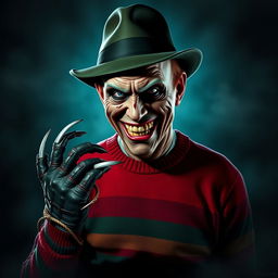 A terrifying yet iconic depiction of Fredy Krueger, the infamous horror movie character