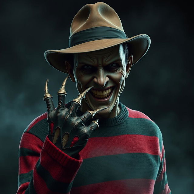 A terrifying yet iconic depiction of Fredy Krueger, the infamous horror movie character