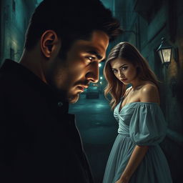 A captivating yet intense scene illustrating a dark romance narrative involving a stalker