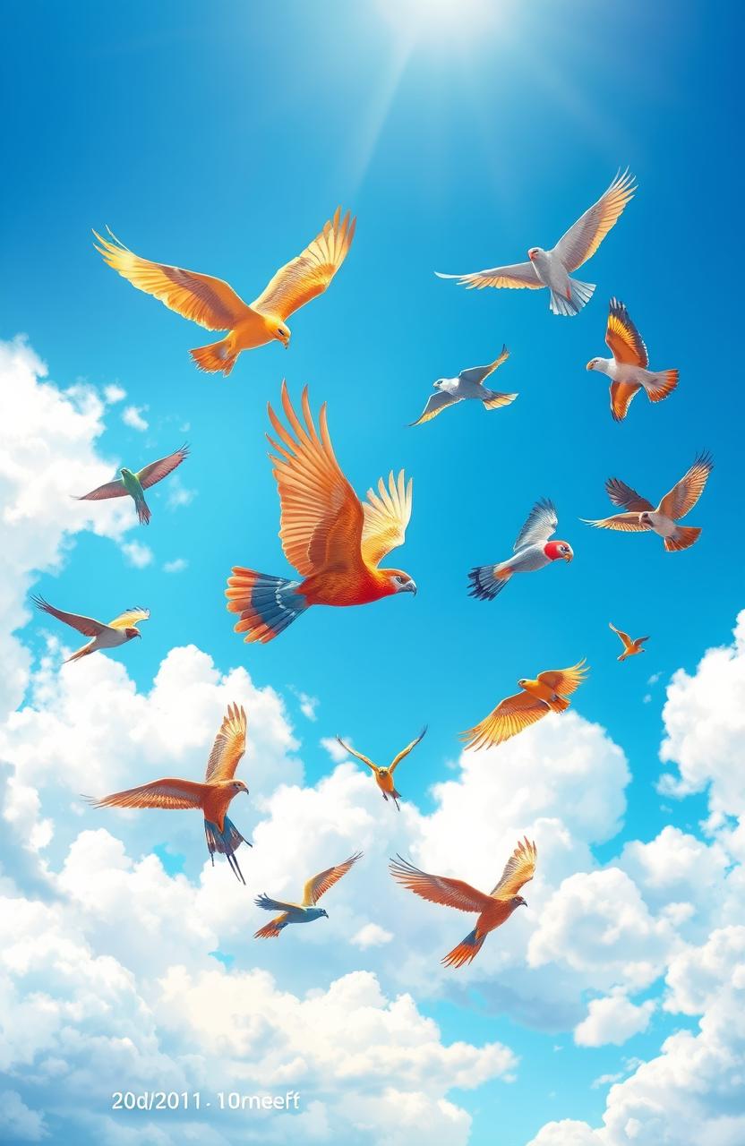 A vibrant illustration of a group of colorful birds soaring gracefully through a bright blue sky, with fluffy white clouds scattered around