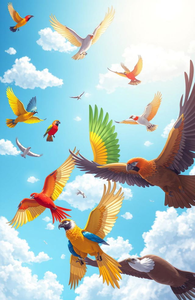 A vibrant illustration of a group of colorful birds soaring gracefully through a bright blue sky, with fluffy white clouds scattered around