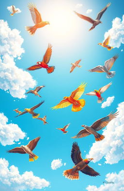A vibrant illustration of a group of colorful birds soaring gracefully through a bright blue sky, with fluffy white clouds scattered around