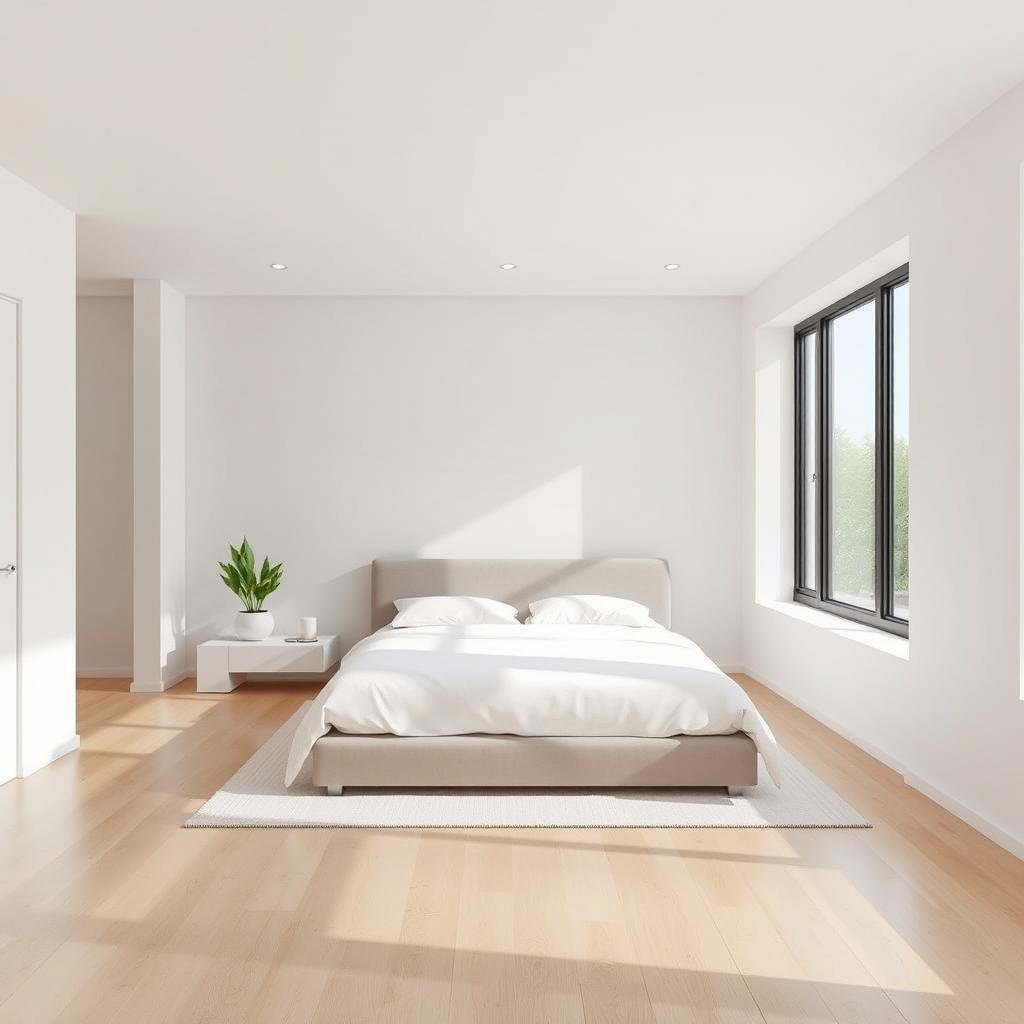 Minimalist bedroom featuring a sleek, modern headboard, with a neutral color palette of whites and soft grays