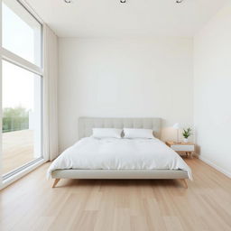Minimalist bedroom featuring a sleek, modern headboard, with a neutral color palette of whites and soft grays