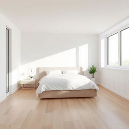 Minimalist bedroom featuring a sleek, modern headboard, with a neutral color palette of whites and soft grays