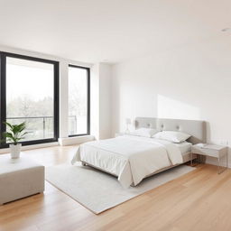 Minimalist bedroom featuring a sleek, modern headboard, with a neutral color palette of whites and soft grays
