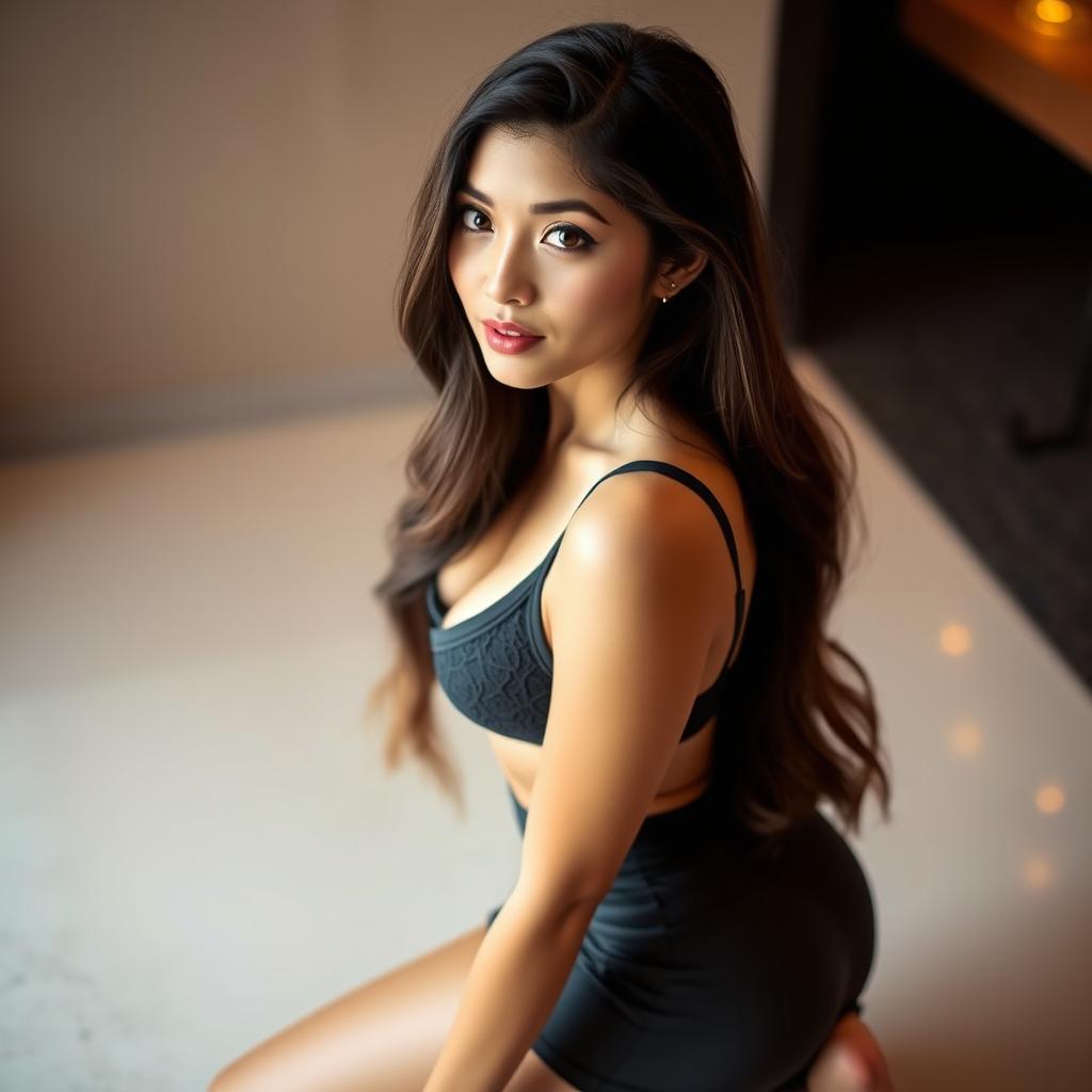 A young woman in a mini skirt and bra kneeling, looking up at the camera with an inviting and confident expression