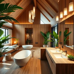 A luxurious master bedroom with an open bathroom design, featuring natural wood elements integrated into the decor