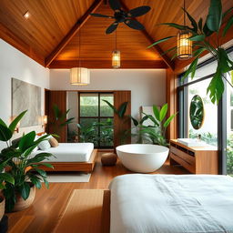 A luxurious master bedroom with an open bathroom design, featuring natural wood elements integrated into the decor