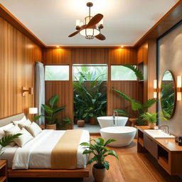 A luxurious master bedroom with an open bathroom design, featuring natural wood elements integrated into the decor