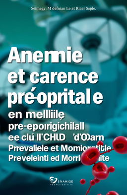 A book cover design for a medical title: "Anémie et carence martiale préopératoire en milieu chirurgical chez l’adulte au CHU d’Oran - Prévalence et Morbi-mortalité"