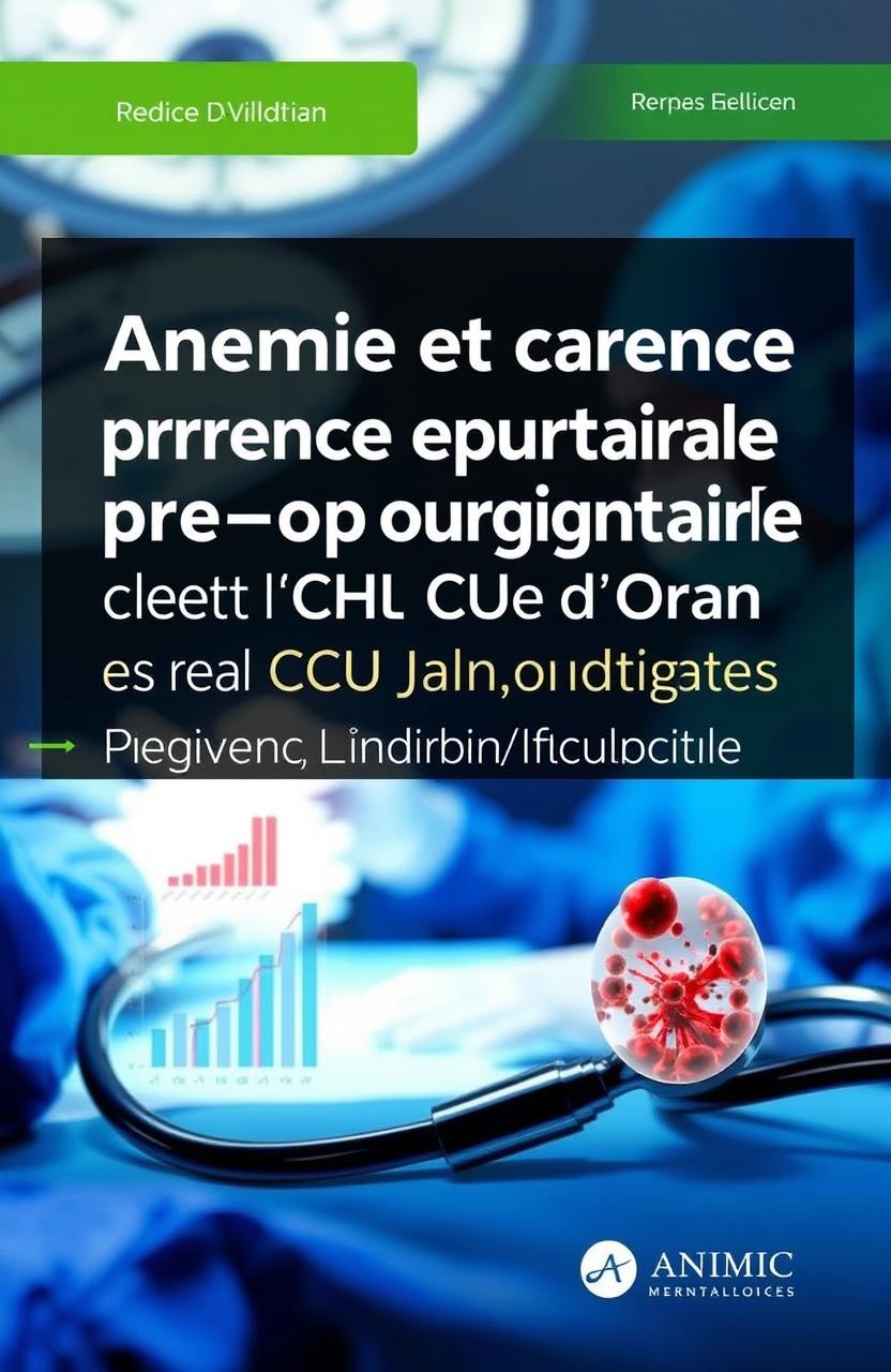 A book cover design for a medical title: "Anémie et carence martiale préopératoire en milieu chirurgical chez l’adulte au CHU d’Oran - Prévalence et Morbi-mortalité"