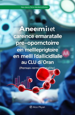 A book cover design for a medical title: "Anémie et carence martiale préopératoire en milieu chirurgical chez l’adulte au CHU d’Oran - Prévalence et Morbi-mortalité"