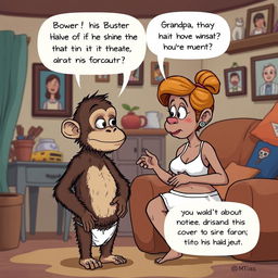 A whimsical cartoon illustration of Buster, an adorable ape with a tiny head and hairy skin, interacting with his mom in their cozy home