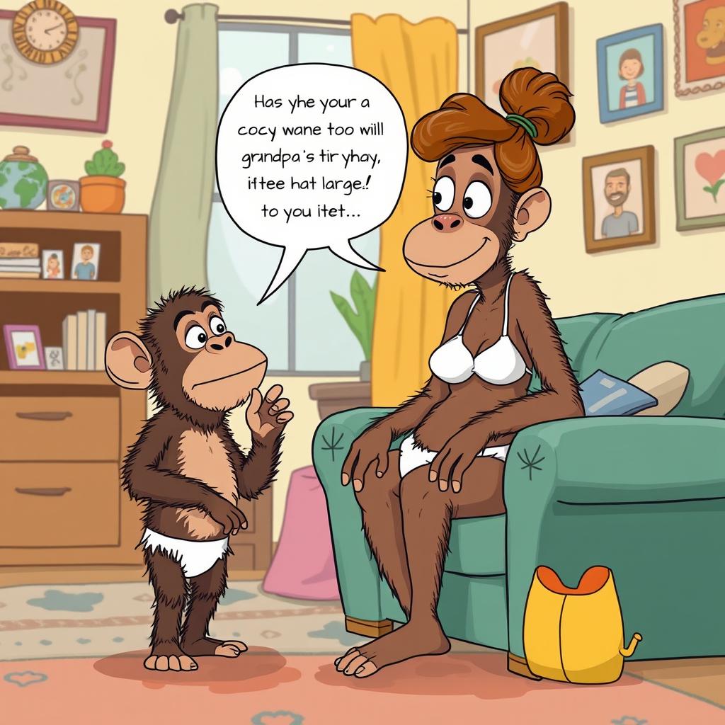 A whimsical cartoon illustration of Buster, an adorable ape with a tiny head and hairy skin, interacting with his mom in their cozy home