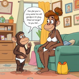 A whimsical cartoon illustration of Buster, an adorable ape with a tiny head and hairy skin, interacting with his mom in their cozy home