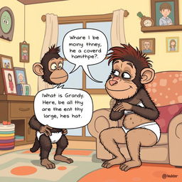 A whimsical cartoon illustration of Buster, an adorable ape with a tiny head and hairy skin, interacting with his mom in their cozy home
