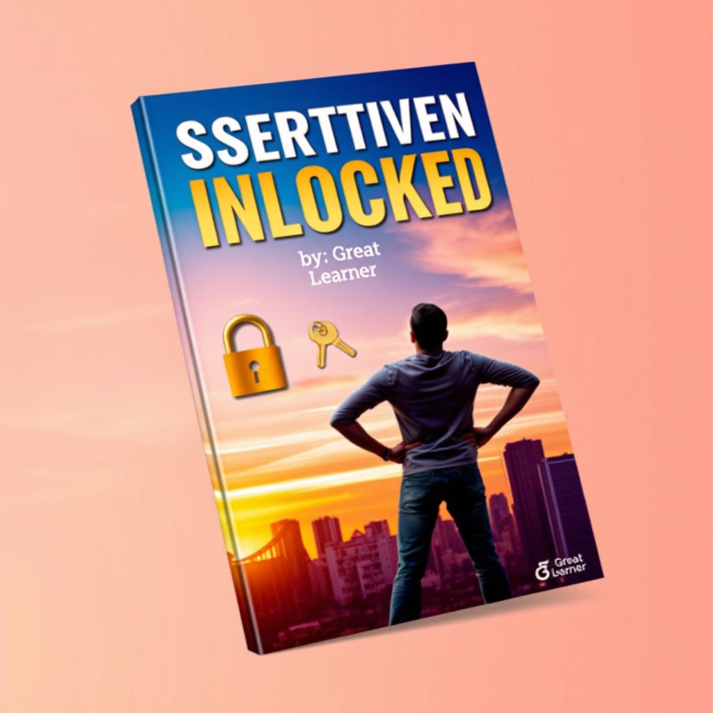 A dynamic and inspiring book cover design for 'Assertiveness Unlocked' by Great Learner