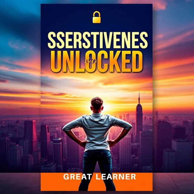 A dynamic and inspiring book cover design for 'Assertiveness Unlocked' by Great Learner