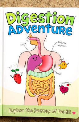 A colorful and educational book cover illustrating the human digestive system in a friendly and engaging way